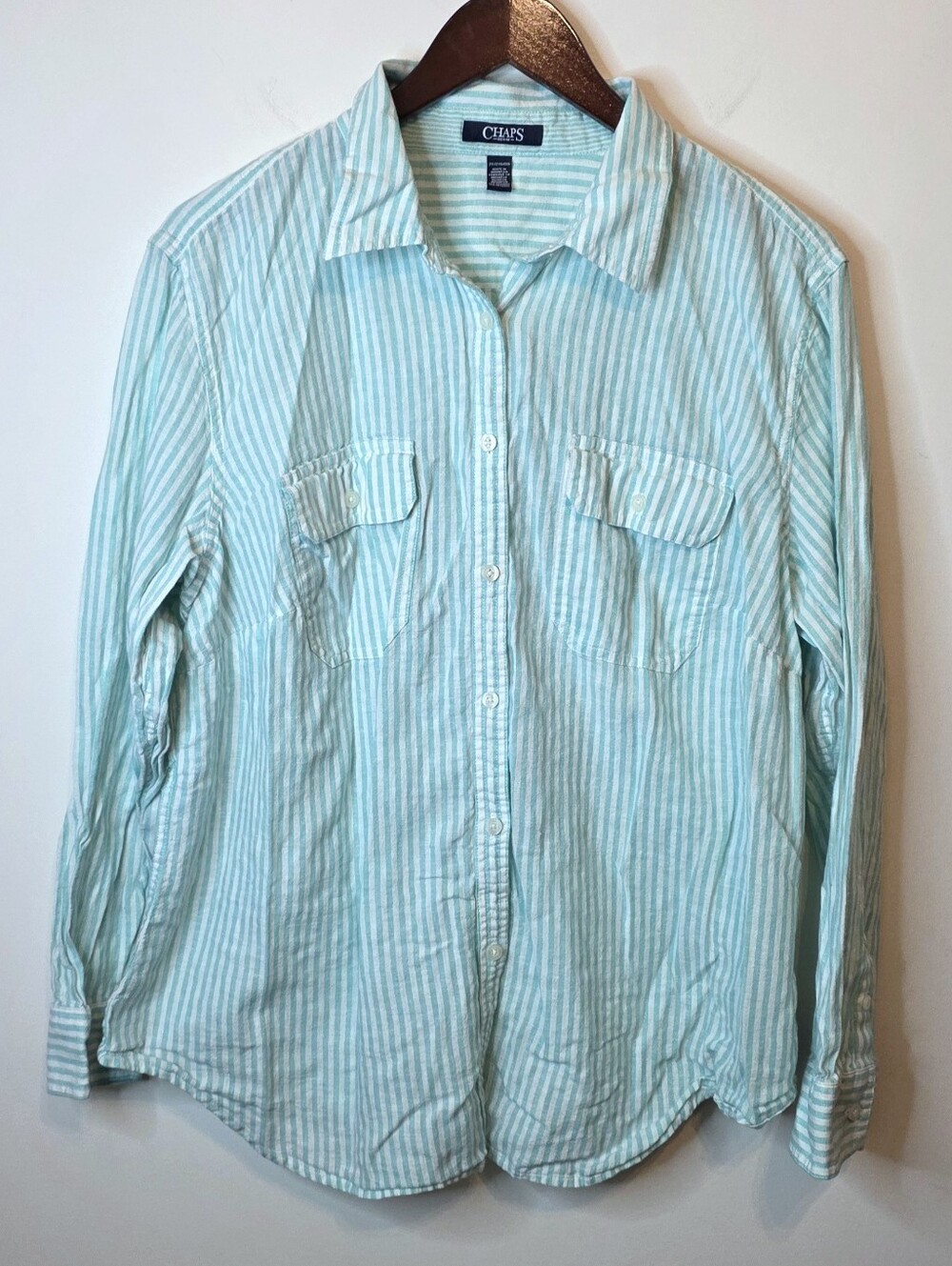 Chaps Aqua White Striped Linen Blend Button Down Shirt Size 2X Coastal Grandma